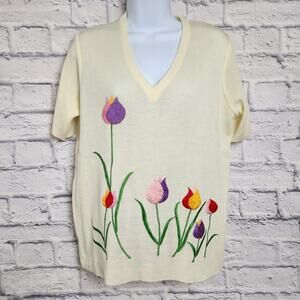 Vintage Bonnie Lee by Leroy Sweater Women Size 40 Yellow Floral Embroider V Neck